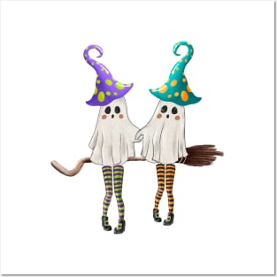 Retro Ghost Witch In 3-Color Long Stockings Gossips On The Broom Halloween Posters and Art